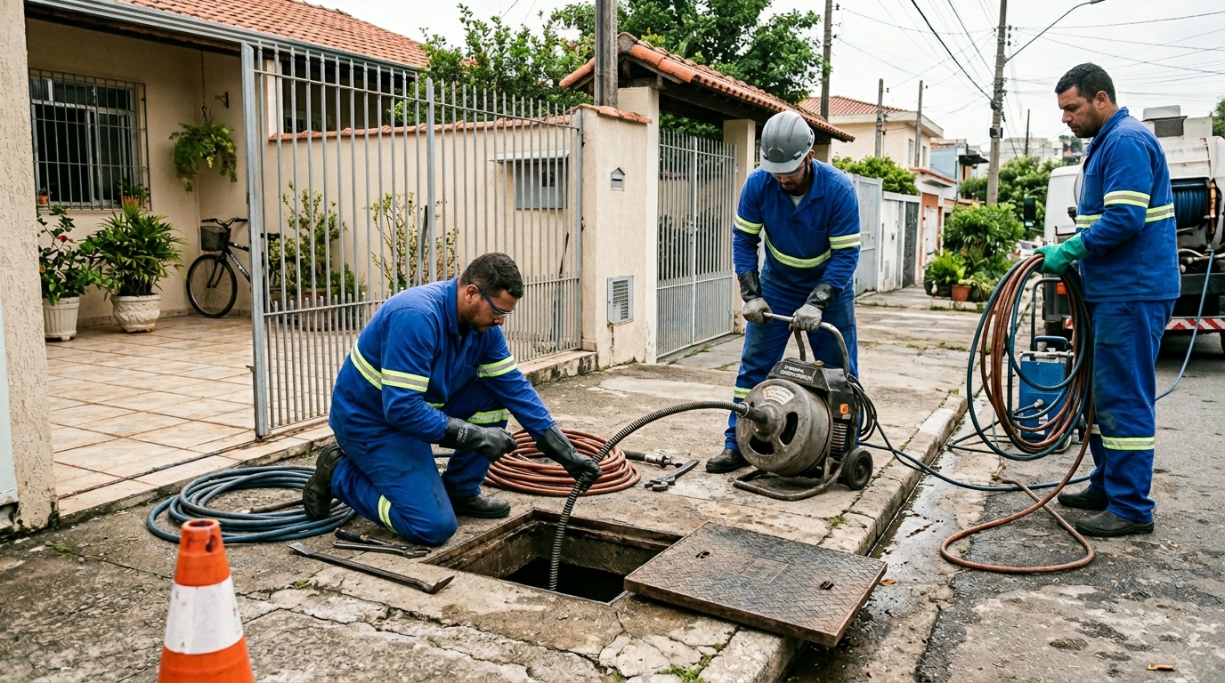 Equipe de desentupimento de esgoto em Uberaba-MG