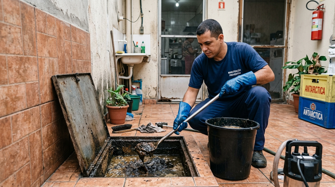 Equipe de limpeza de caixa de gordura em Uberaba-MG